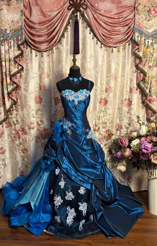 girlhomeshops-Vintage Deep Sea Blue 3D Floral Embroidered Long Train Court Style Evening Gown gh6032