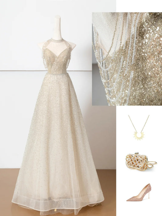 Robe de soirée longue en tulle, élégante et brillante, couleur champagne doré, gh4870