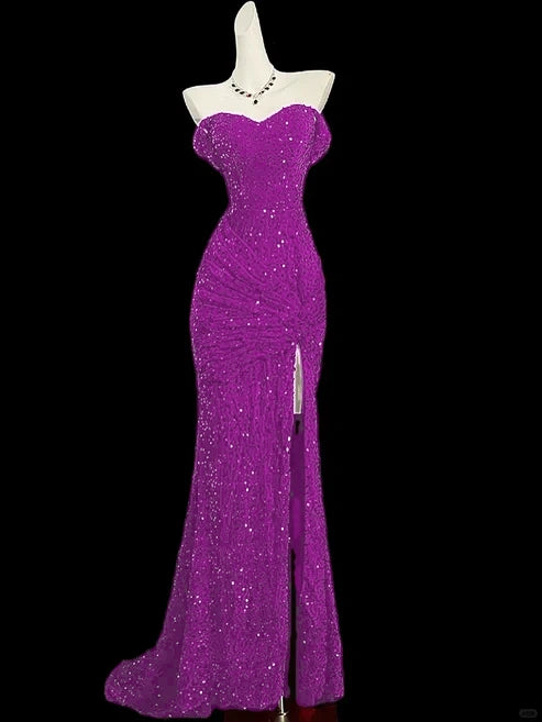 Robe de soirée bordeaux brillante à paillettes et queue de poisson gh4363