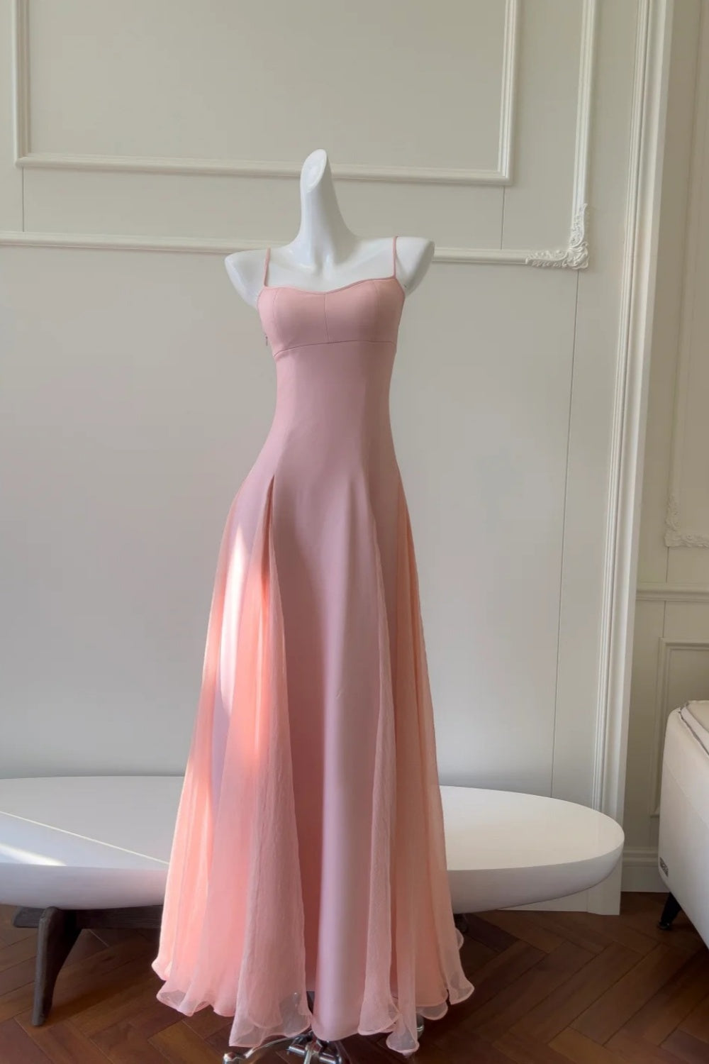 girlhomeshops- Minimalist Mint Green/Pastel Pink Spaghetti Strap Slim-Fit Long Evening Gown gh6098