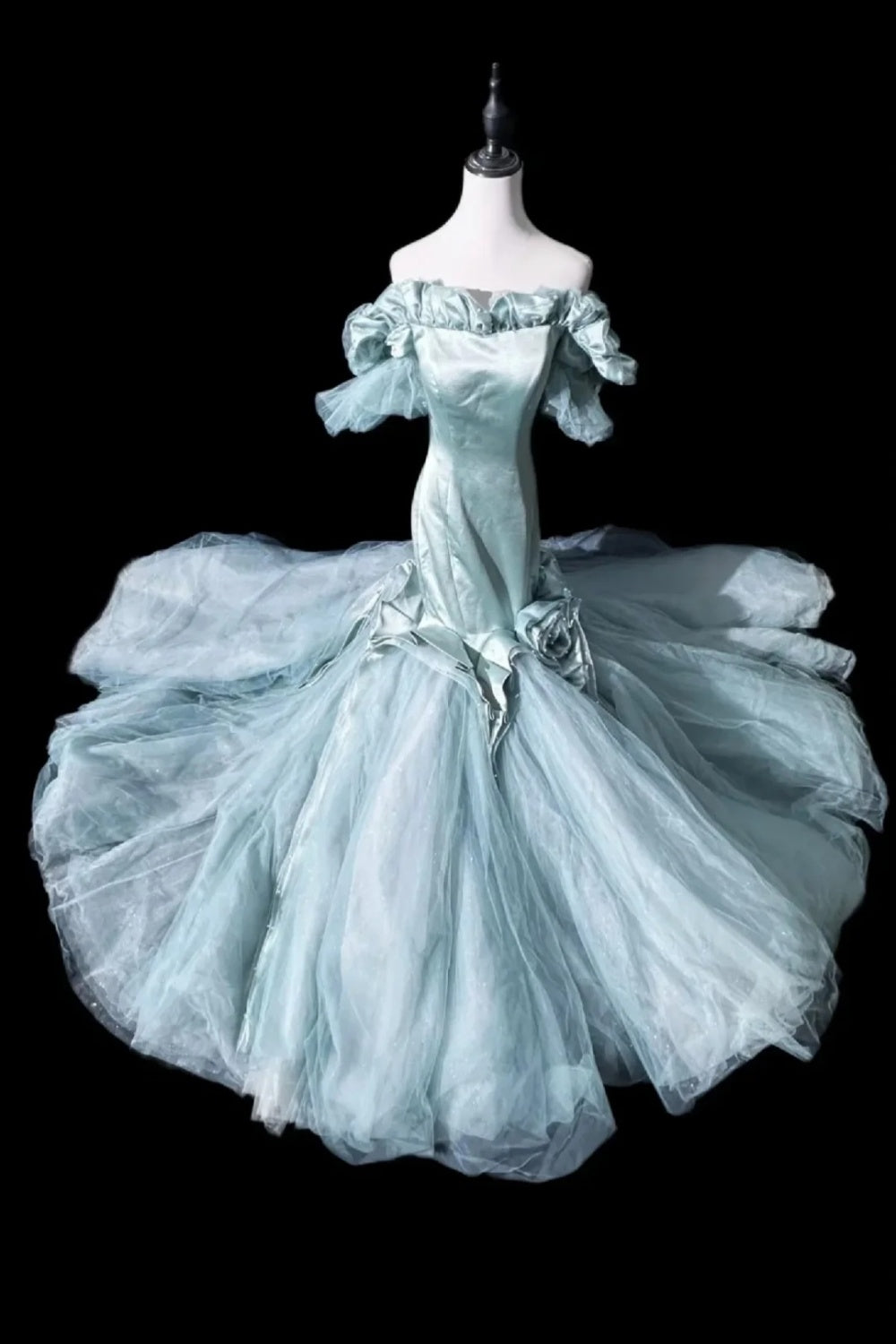 Mint Fairyland – Schulterfreies Rüschenkleid aus Satin, Tüll-Ballkleid im Meerjungfrauen-Stil, Abendkleid gh7068