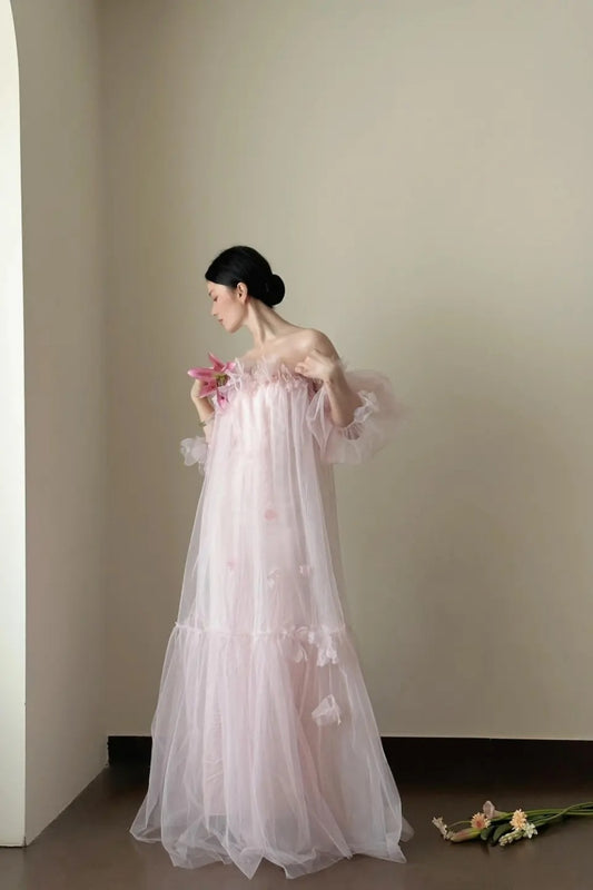 girlhomeshops- Vintage Pink Tulle Off-Shoulder Puff Sleeve Open-Back Long Forest-Style Evening Gown gh6092