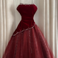Sleeveless Burgundy Velvet & Tulle Gown | Luxury Elegant Pearl Trim Train Dress for Gala Ball gh6471