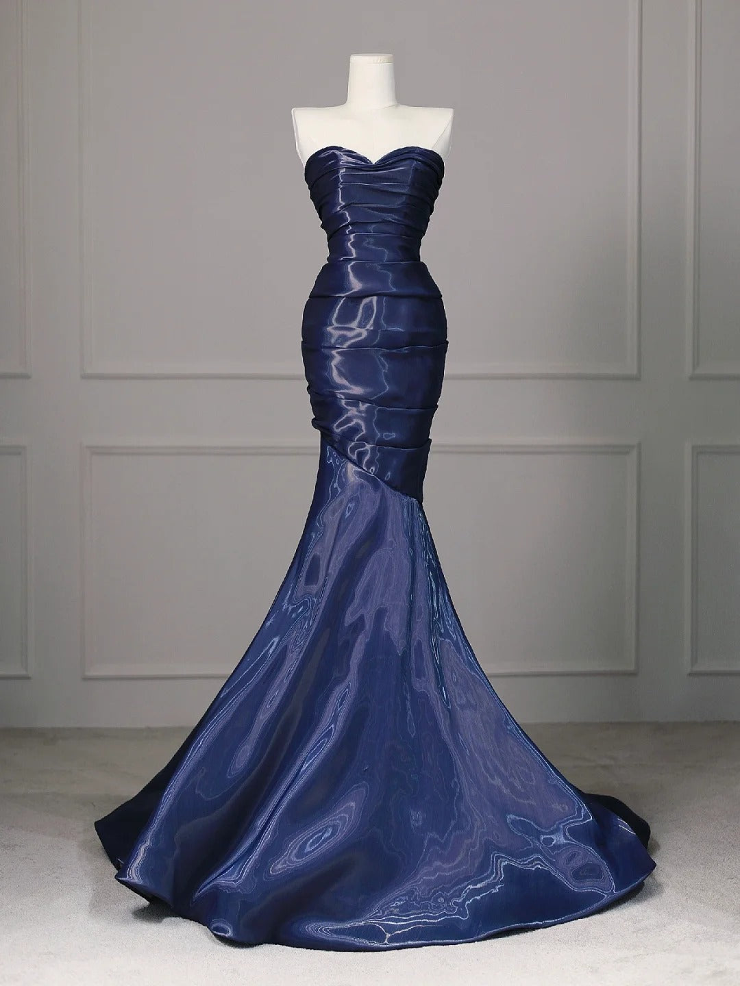 Robe de soirée sirène longue en satin bleu élégant, coupe sirène, longueur au sol, gh4200