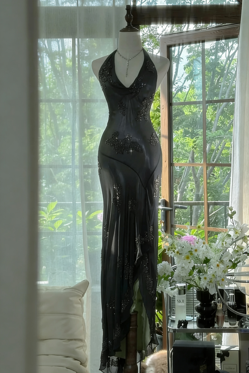 Robe de soirée longue en mousseline de soie, élégante, vert foncé, avec perles, gh4749