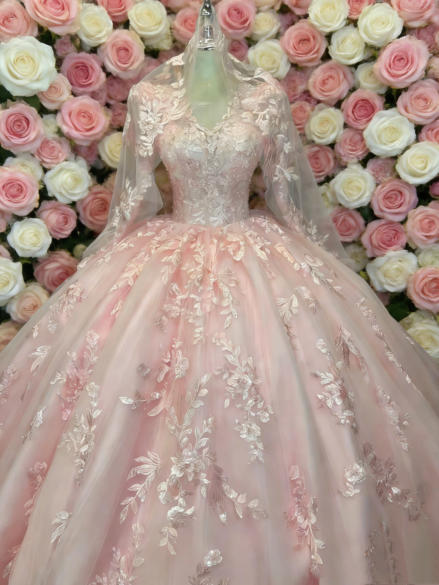 Ballkleid im königlichen Stil in zartem Rosa - V-Ausschnitt, Spitzenstickerei, Kleid für den großen Tag gh6967