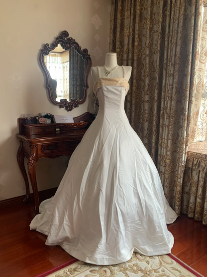 White Spaghetti Strap Waist-Cinched Voluminous Skirt Elegant Vintage Prom Gown, Graduation Dress, Wedding Dress gh7263