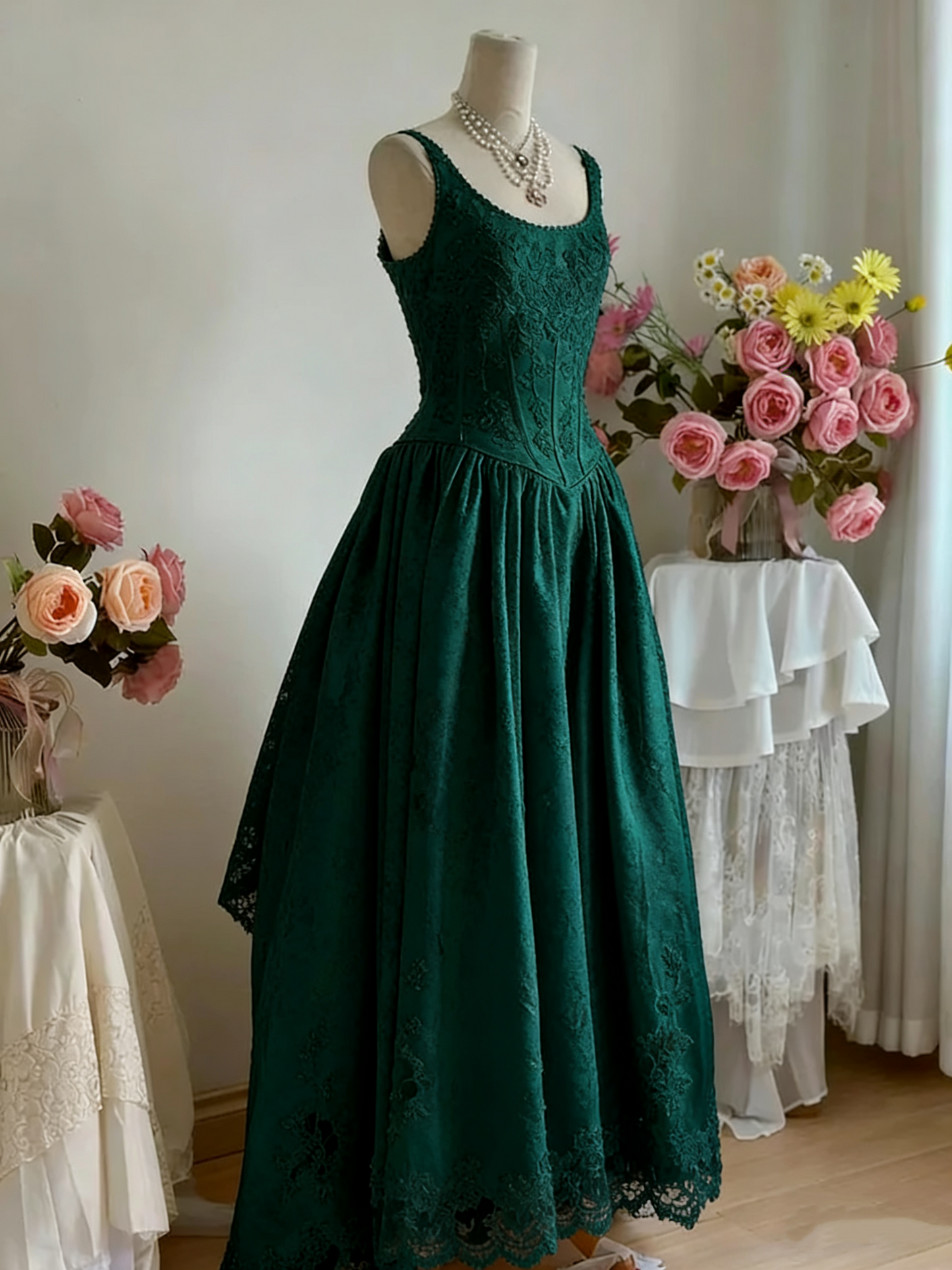 girlhomeshops -- Elegantes langes Satinkleid aus weißer Spitze im Retro-Stil, gh5704