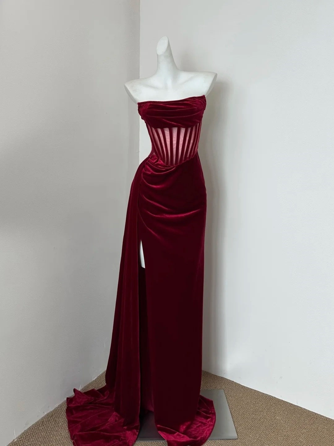 Burgund/Rot Mode Samt Lange Ballkleid Abendkleid Partykleid gh4833