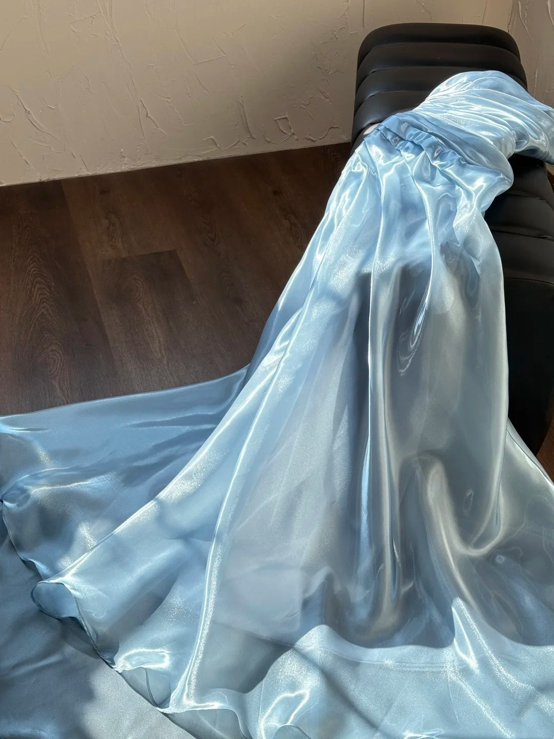 Dusty Blue Strapless Shimmering Organza Mermaid Gown with Ruched Bodice & Train gh7095