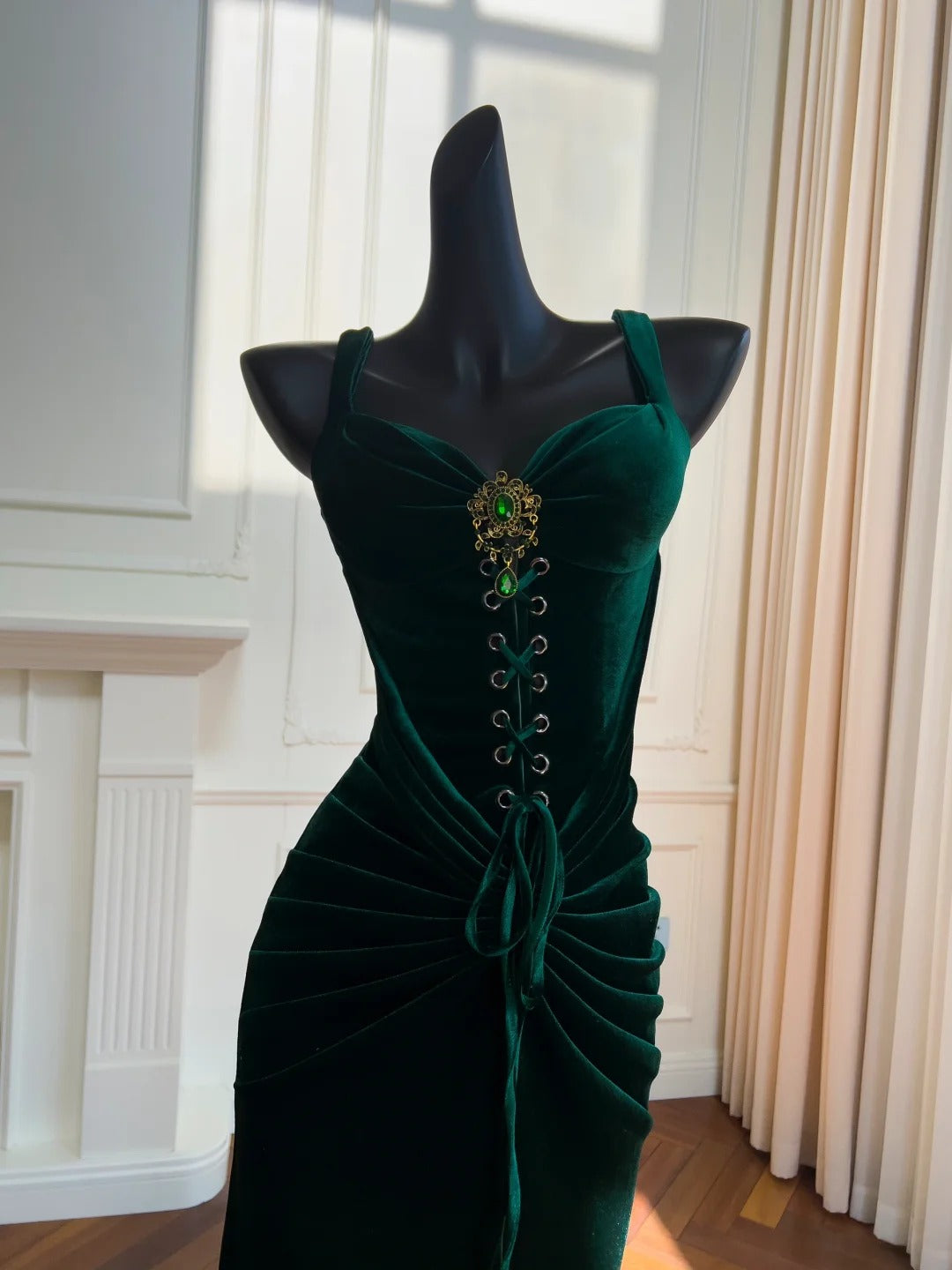 Robe de soirée longue en velours vert vintage, élégante et fine, robe de bal gh4273