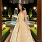 Champagne Jacquard Thin Spaghetti Strap Waist-Cinched Dress - Elegant Gown for Light Evening Events gh6959