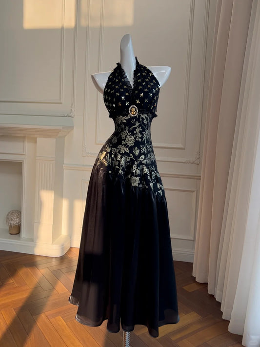 Robe de bal longue en satin noir/blanc vintage, robe de soirée d'anniversaire, gh4410