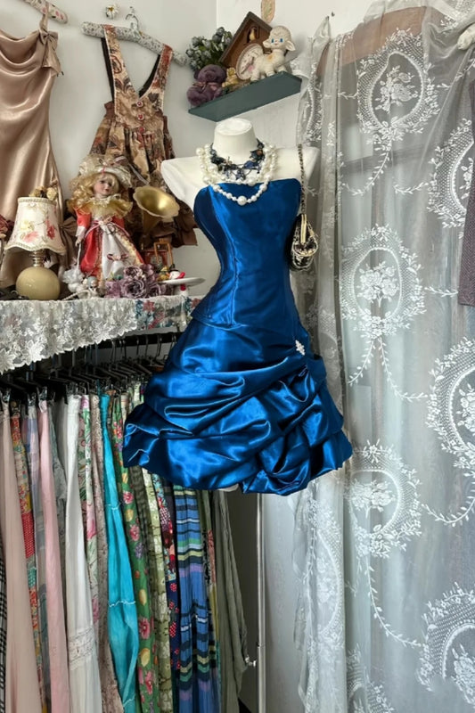 Navy Blue Retro Short Birthday Satin Party Dress gh7079