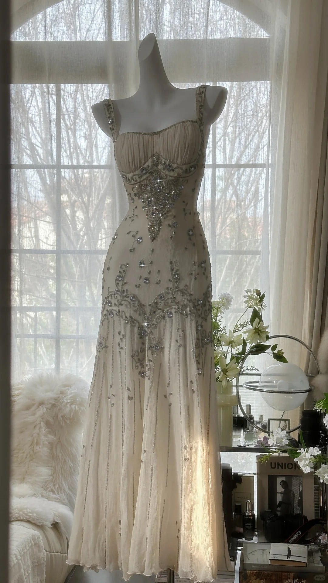 Elfenbeinfarbenes Vintage-Kleid, elegant, glänzend, exquisite Strass-Perlen, langes Chiffon-Ballkleid, Abendkleid, Geburtstagspartykleid, Abschlussballkleid, Abschlusskleid, gh3945