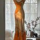 Robe de soirée longue en satin et mousseline de soie, motif floral délicat, orange, bretelles spaghetti, gh4093