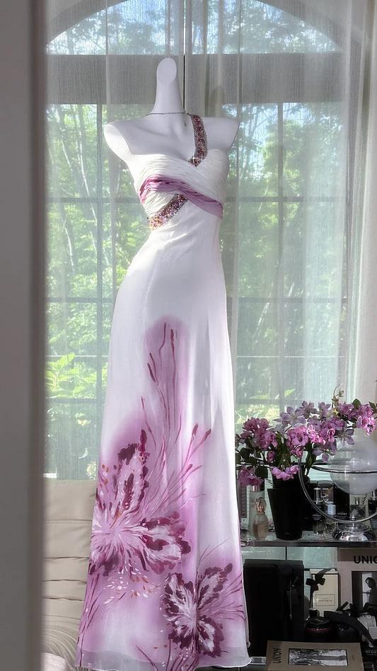 Girlhomeshops - Lila Perlenbesetztes Blumenmuster Elegantes Langes Chiffon-Ballkleid Abendkleid Partykleid Date-Kleid gh5081