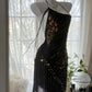 Robe de soirée longue en mousseline de soie noire, style vintage, délicate, à fleurs, avec pompons et perles, pour fête d'anniversaire, bal, gh3972