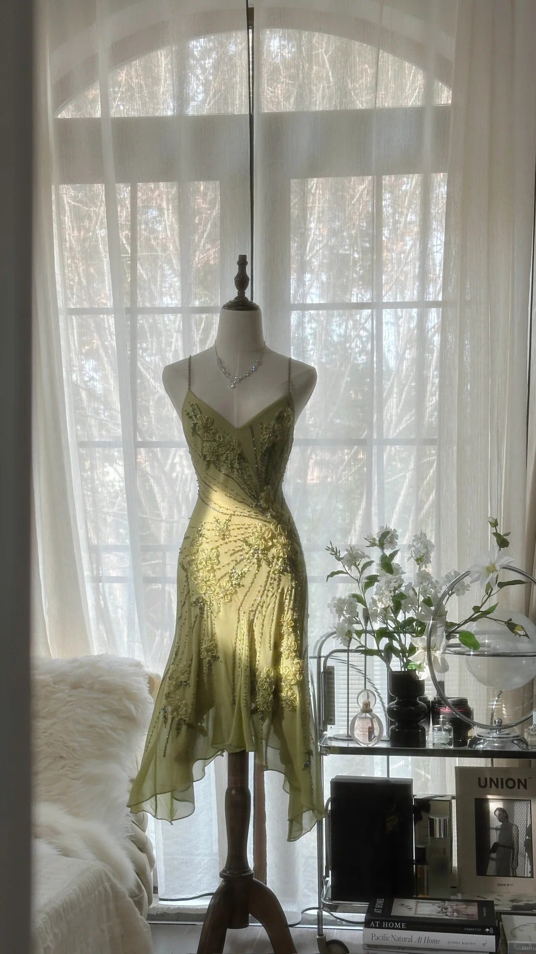 Grün Romantisch Mode Elegant Zarte Blumenapplikation Perlen Spaghettiträger Midi/Kurz Chiffon Rüschen Ballkleid Abendkleid Partykleid gh4060