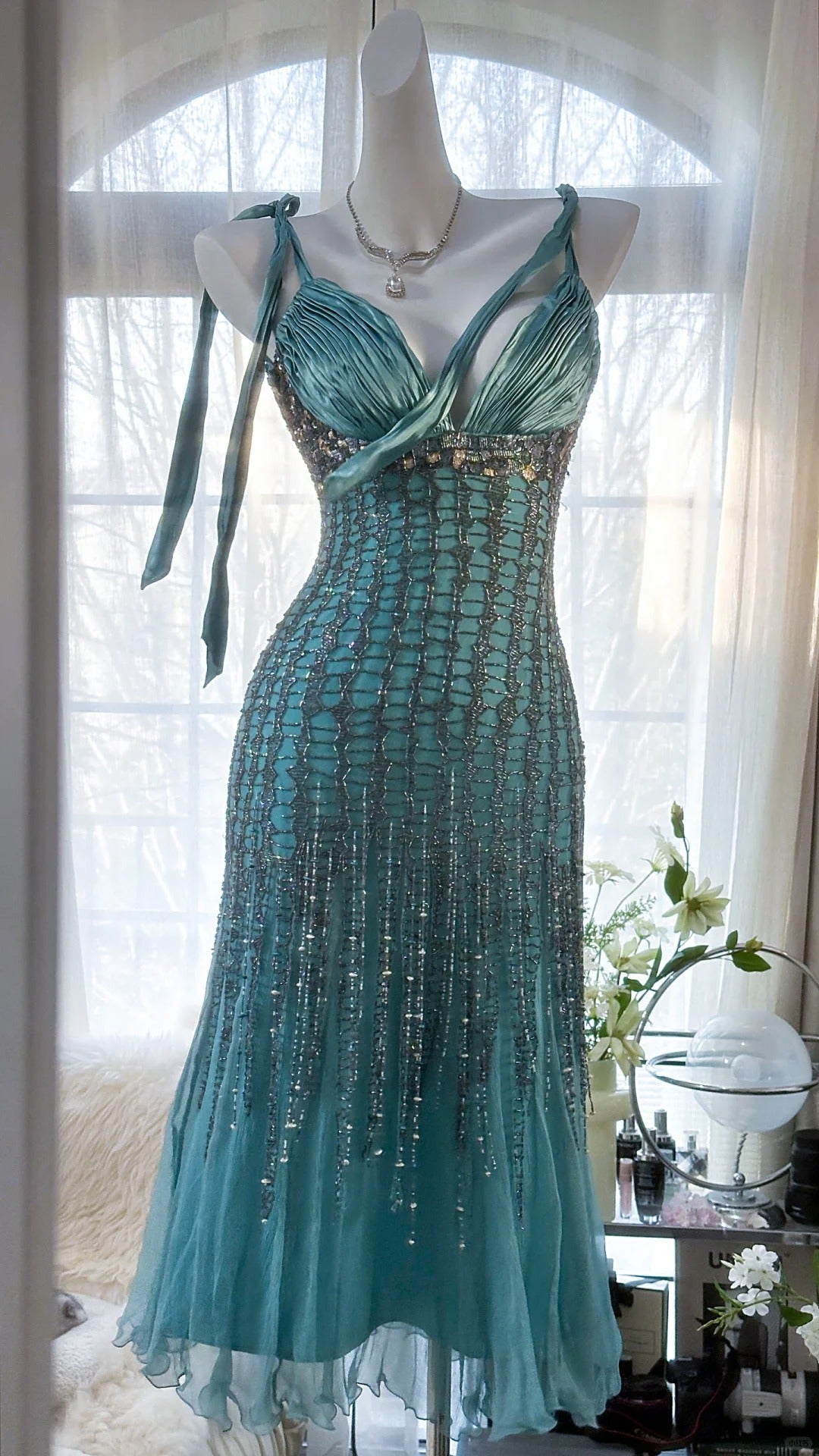 Grün Luxus Wunderschöne Retro Mode Exquisite Quaste Perlen Midi-Länge Chiffon Ballkleid Geburtstag Party Kleid Abendkleid Ballkleid gh3973