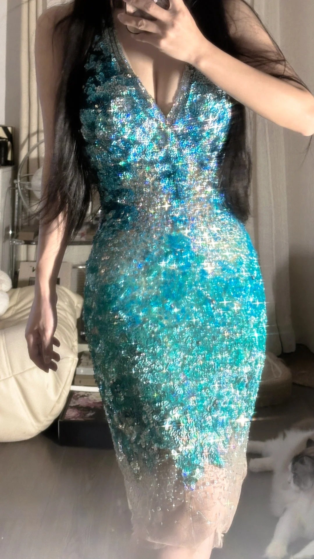 girlhomeshops-Teal-Green Gradient Paquin Halter-Neck Deep V Short Fashion Party Gown gh6380
