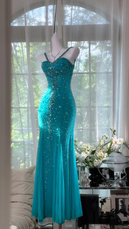 Girlhomeshops-Blue gorgeous exquisite beaded long chiffon Prom dress evening dress party dress gh5162