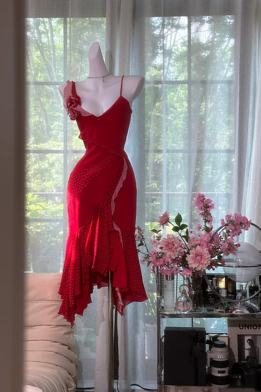 Red Rose Dream - 3D Floral Spaghetti Strap Mermaid Dress, Asymmetric Ruffle Date Night Maxi Dress  gh7090