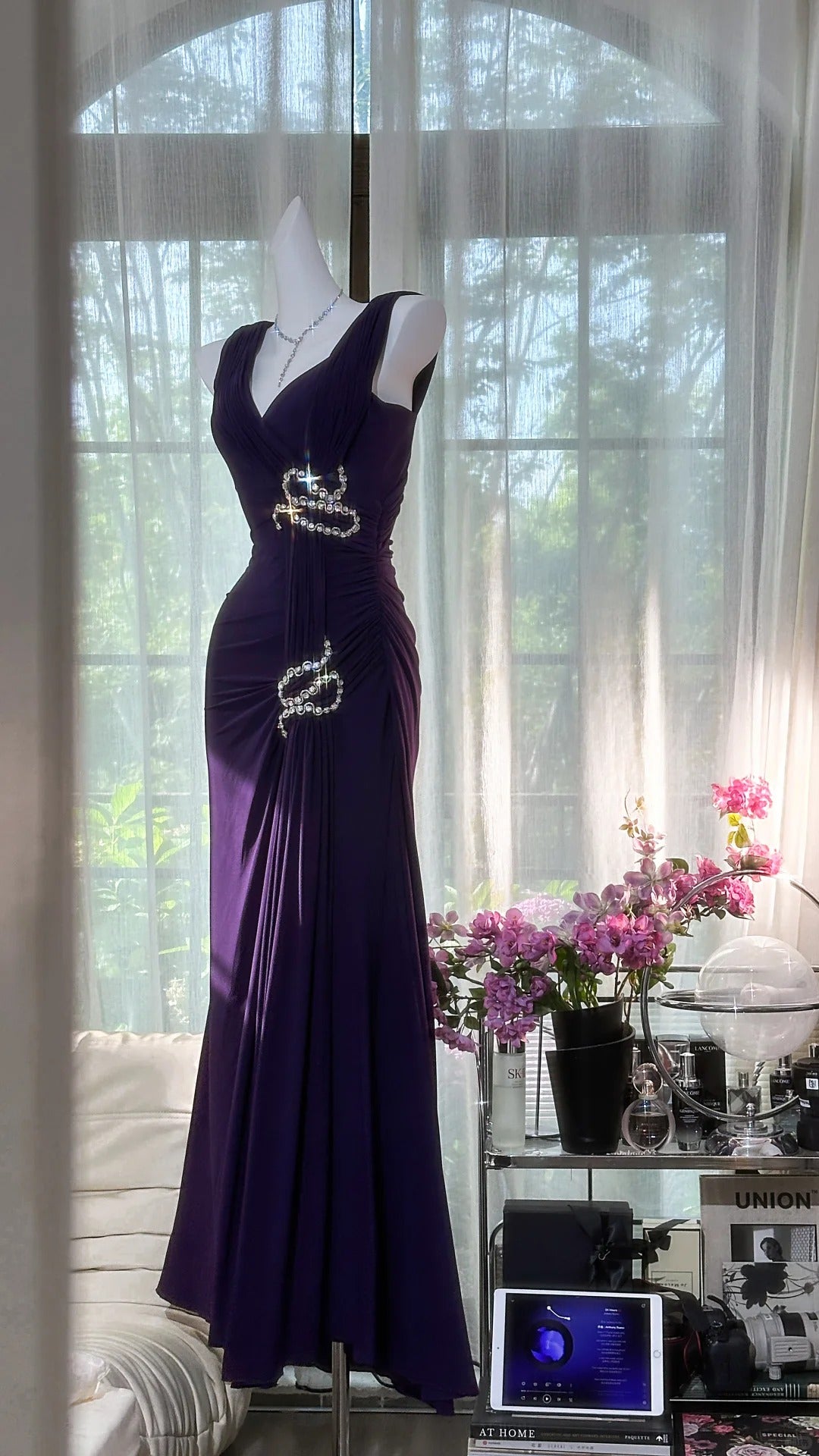 Lila Strass Langes Chiffon Ballkleid Abendkleid Partykleid Date Kleid Ballkleid gh4677
