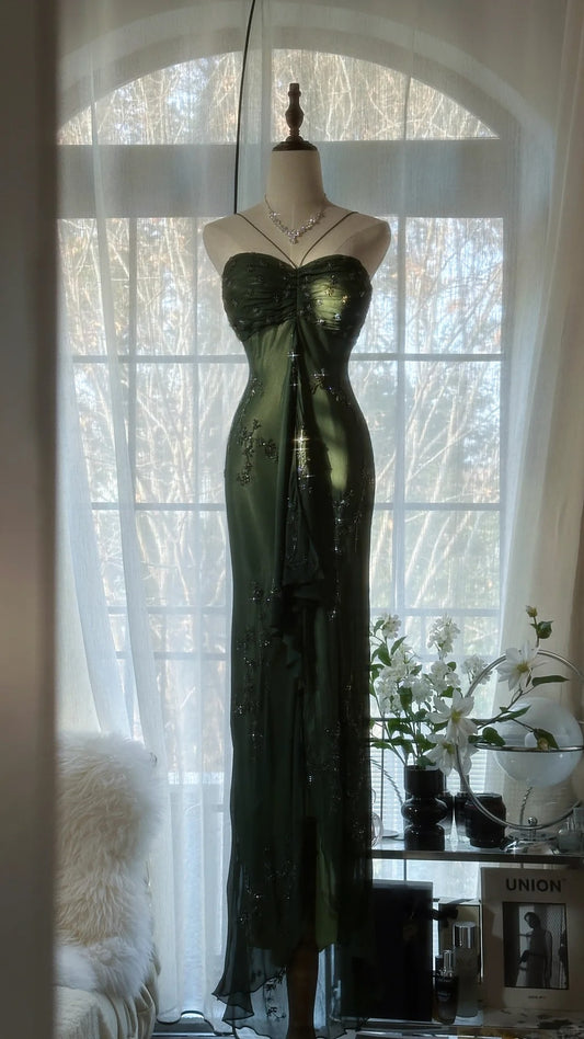 Green Elegant Fashion Exquisite Beaded Strapless Long Chiffon Ball Gown Evening Dress Birthday/Holiday Party Dress Prom Dress gh4066