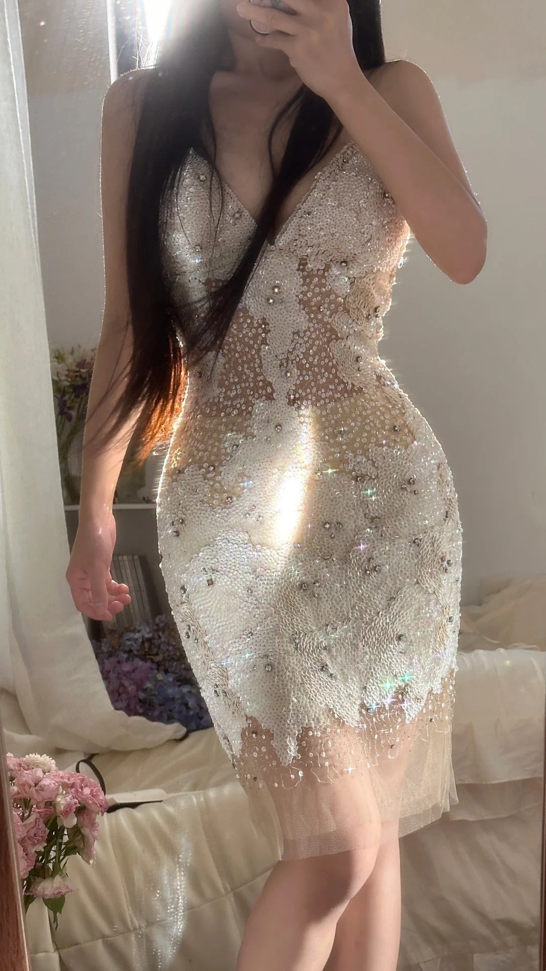 girlhomeshops - Robe de soirée courte de luxe à fines bretelles transparentes, ornée de perles et couleur champagne gh6381