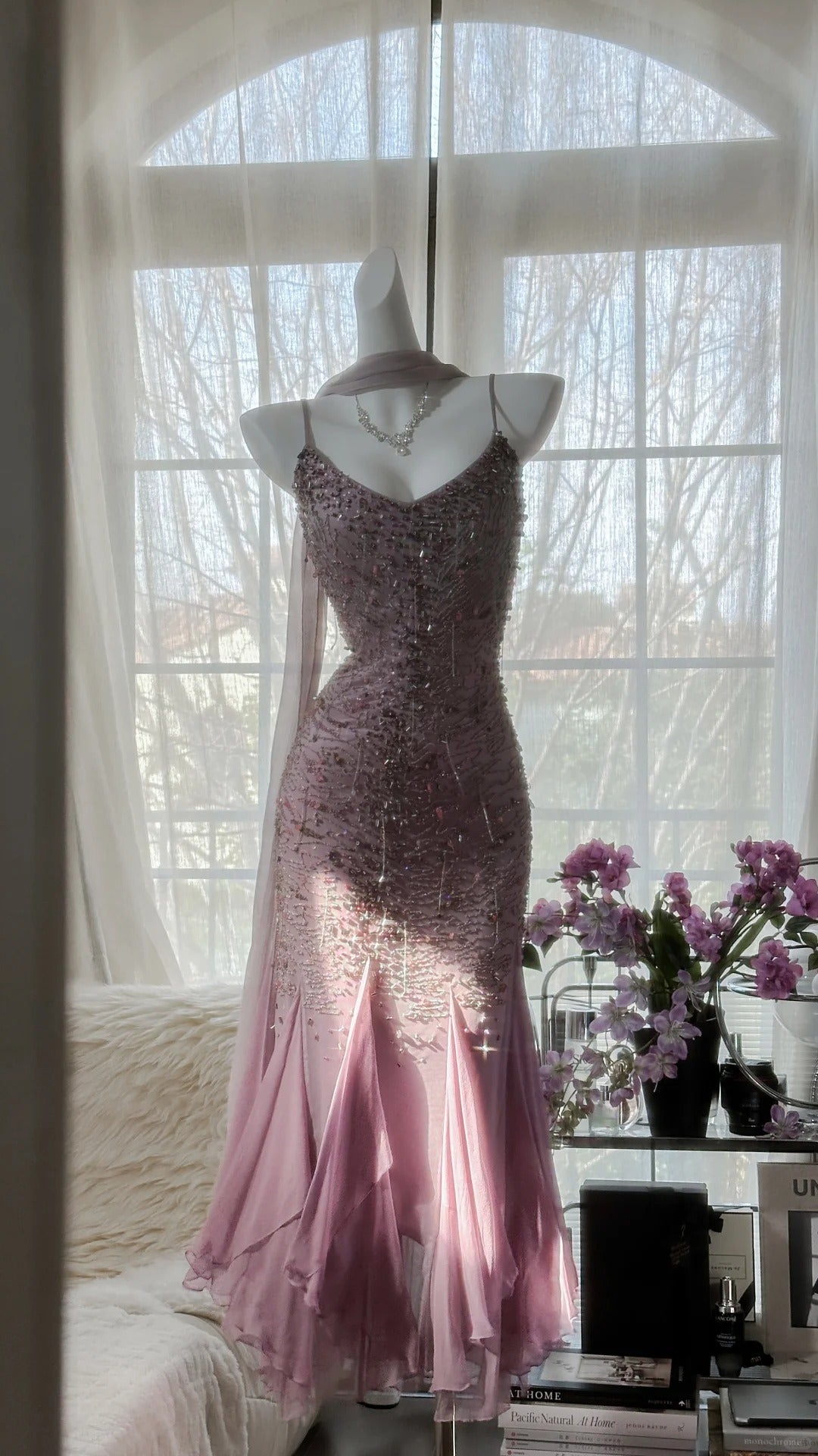 Rosa Lila Elegant Romantisch Exquisite Perlen Langes Chiffon Ballkleid Abendkleid Geburtstags-/Hochzeitsgast-/Urlaubspartykleid Ballkleid gh4021