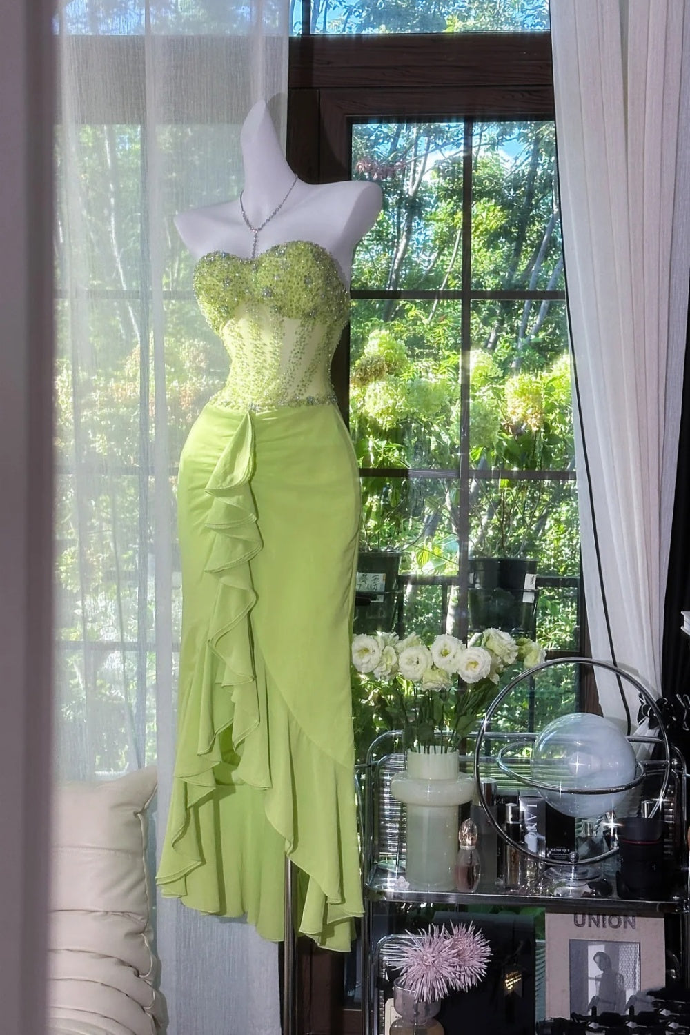 Grünes romantisches Feenkleid aus Chiffon mit exquisiter Perlenverzierung, langes Date-Kleid, Partykleid gh6910