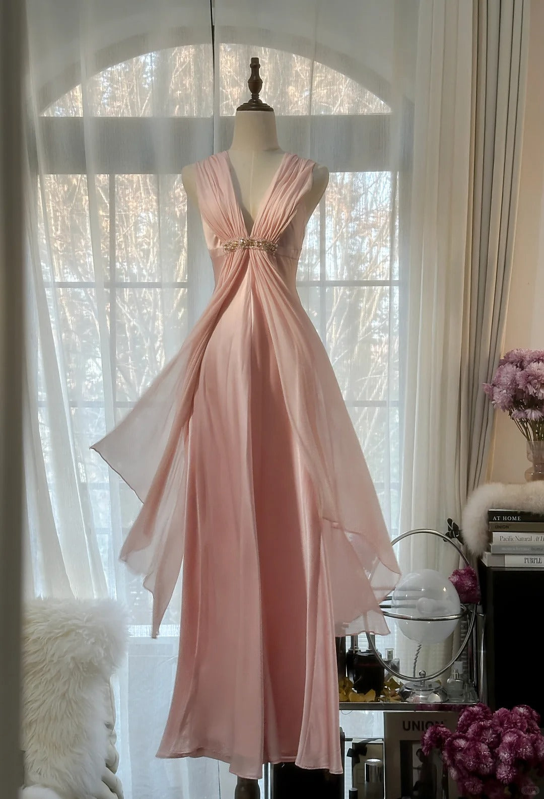 Rosa Elegante Exquisite Strass Lange Satin Chiffon Ballkleid Abendkleid Partykleid Geburtstagskleid Date Kleid gh4163