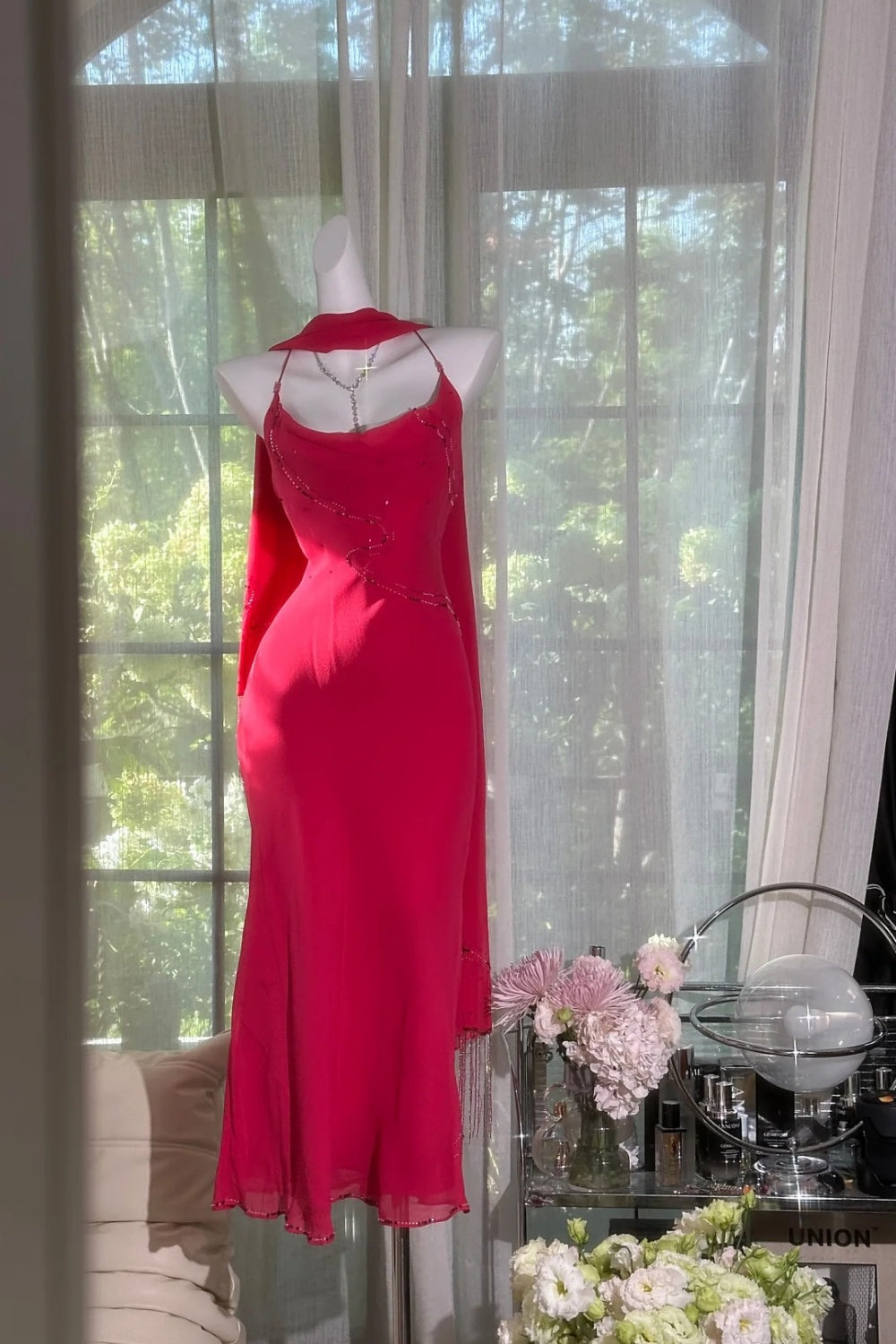 girlhomeshops – (Inklusive passendem Schal) Neues elegantes, rosafarbenes Abendkleid gh6116