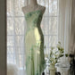 Robe de soirée longue en mousseline de soie, élégante et romantique, à une épaule, avec perles, robe de bal, robe de soirée, d'anniversaire, de vacances, verte, gh4047