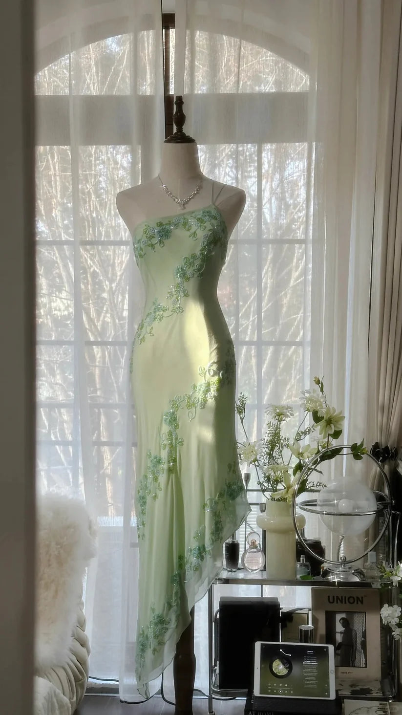Elfenbein/Grün Vintage Fashion One Shoulder Exquisite Perlen Langes Chiffon Ballkleid Geburtstagspartykleid Cocktailpartykleid Abendkleid Ballkleid gh3971