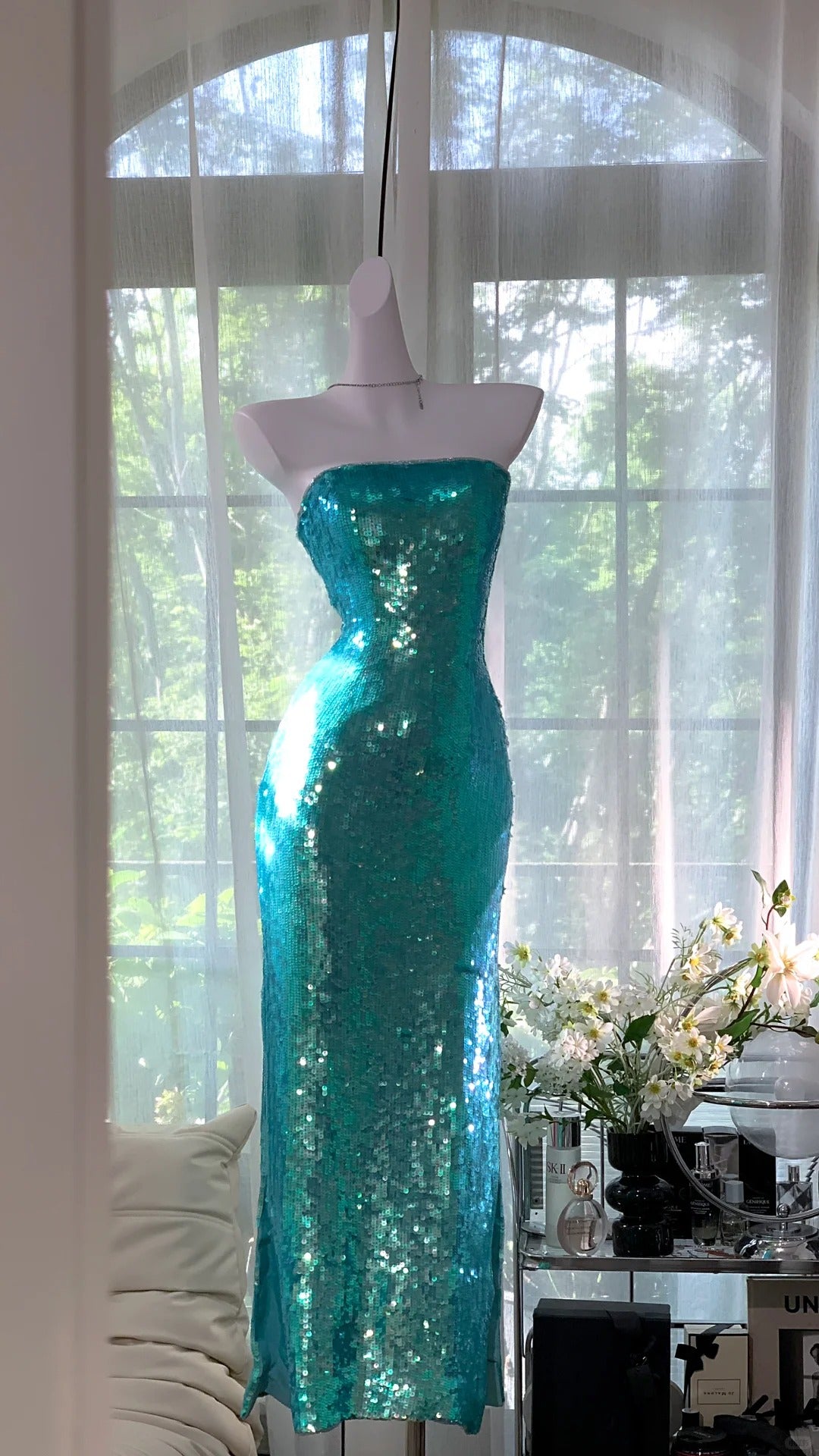 Girlhomeshops - Robe de soirée longue bleu émeraude à paillettes brillantes gh5078