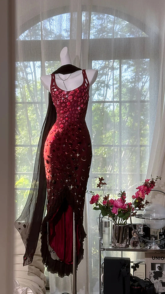 Girlhomeshops-Burgunderrotes, perlenbesetztes, elegantes, langes Chiffon-Ballkleid, Abendkleid, Partykleid, gh5165