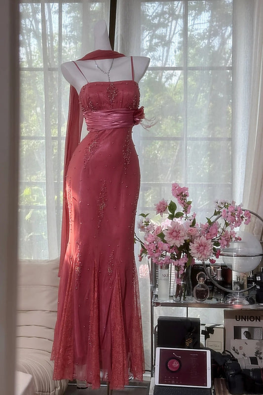 Vintage Rose - Dusty Rose Beaded Cami Mermaid Gown with Sash, Lace Socialite Party Dress gh7069