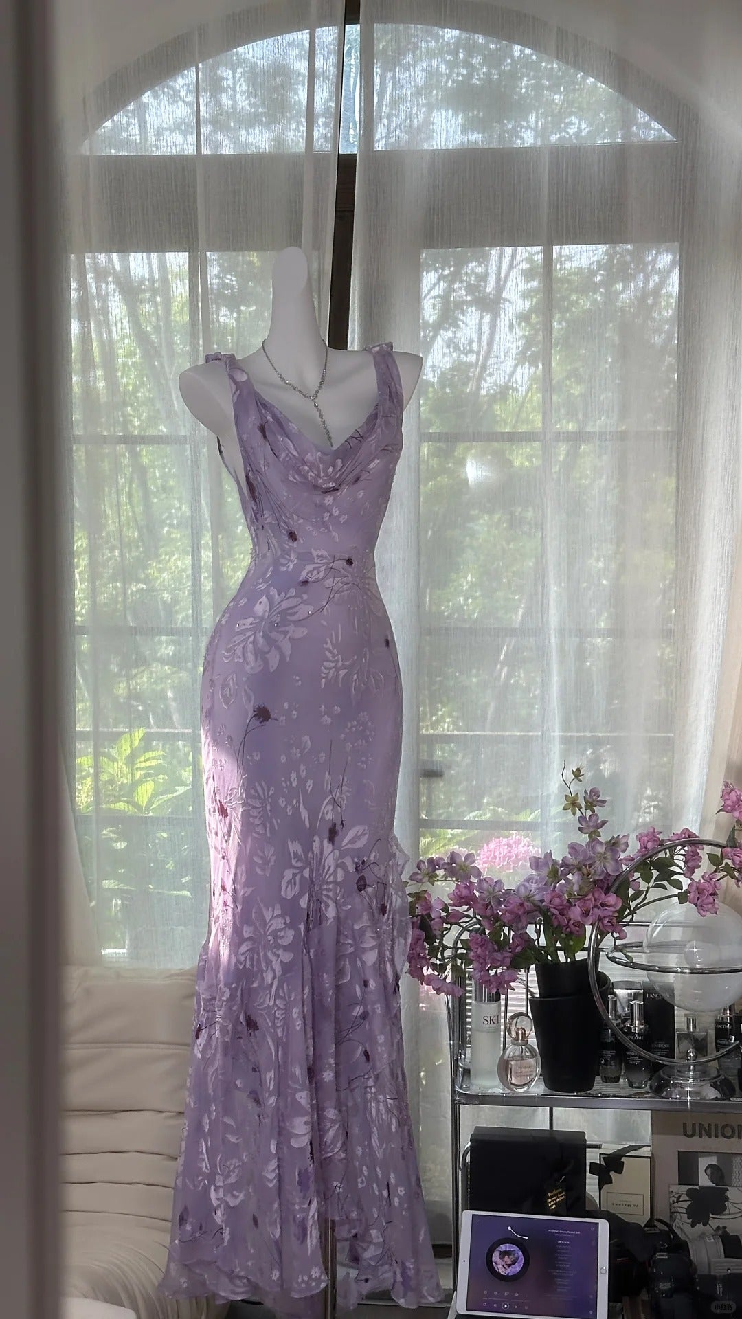 Girlhomeshops - Lila Blumenmuster Elegantes Langes Chiffon Ballkleid Abendkleid Partykleid Date Kleid gh5080