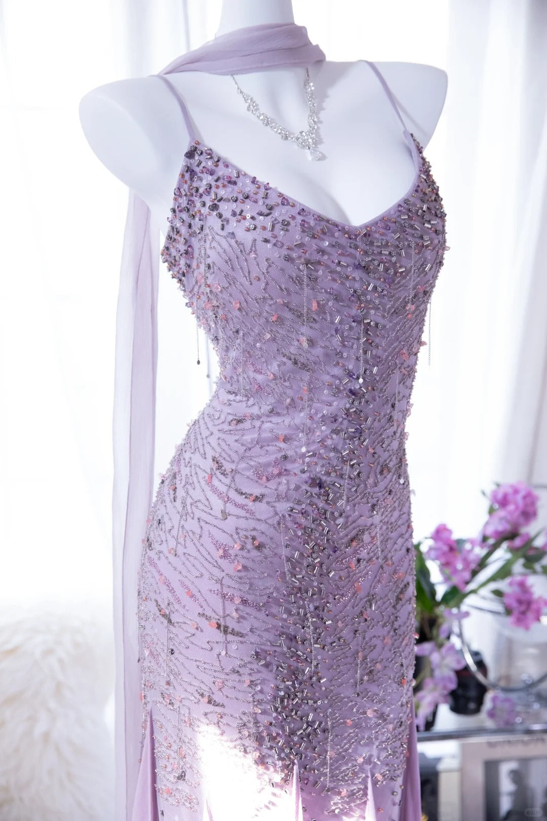Hellviolettes, elegantes, romantisches, exquisites, perlenbesetztes, langes Chiffon-Ballkleid, Abendkleid für Geburtstage, Hochzeitsgäste und Feiertage, Partykleid, Abschlussballkleid gh4022