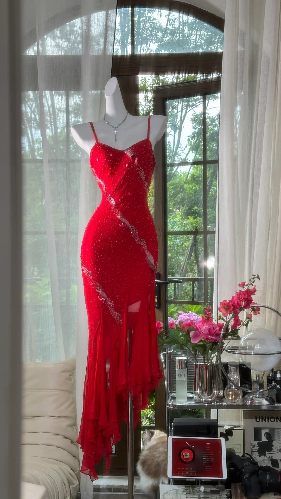 Rotes, glänzendes, perlenbesetztes, langes Chiffon-Ballkleid, Abendkleid, Partykleid, Date-Kleid, Ballkleid, gh4678