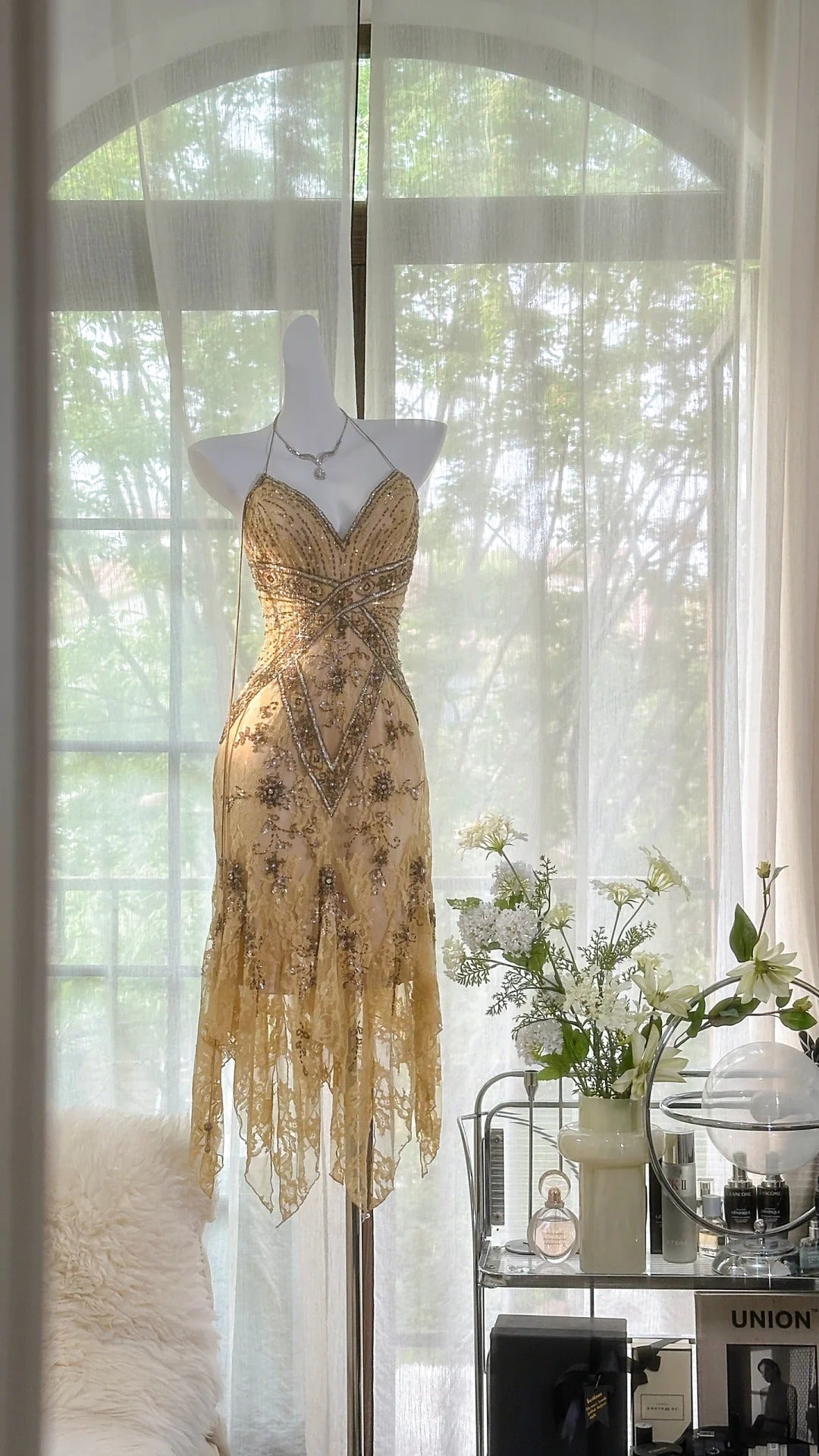 Hellgelb braun wunderschönes und elegantes Vintage exquisites Perlen langes Chiffon-Spitzenballkleid Abendkleid Geburtstagspartykleid Abschlussballkleid gh3950