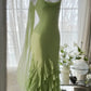 Grünes stilvolles elegantes Spaghettiträger-Lang-Rüschen-Meerjungfrauen-Slim-Fit-Chiffon-Ballkleid-Geburtstags-Partykleid-Abendkleid-Abschlussballkleid gh3976