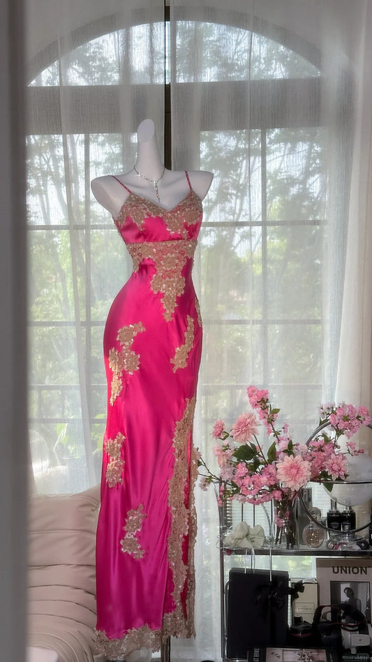 Rosa geblümtes Ballkleid, lang, Satin, Date-Kleid, Abendkleid, Geburtstagskleid, Hochzeitskleid, gh4533