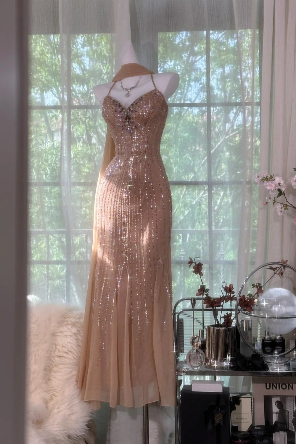 Robe de soirée romantique féerique en mousseline de soie ornée de perles exquises gh69123