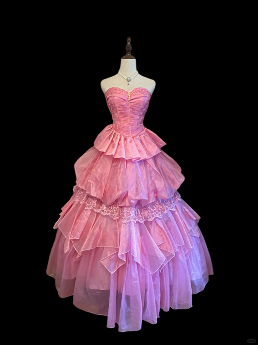 Pink Strapless Princess Ball Gown, Sweetheart Neck, Gold Stitching Beaded Corset Bodice, Multi‑Layer Ruffled Skirt With Lace Trim, Formal Prom Party Dress gh8911