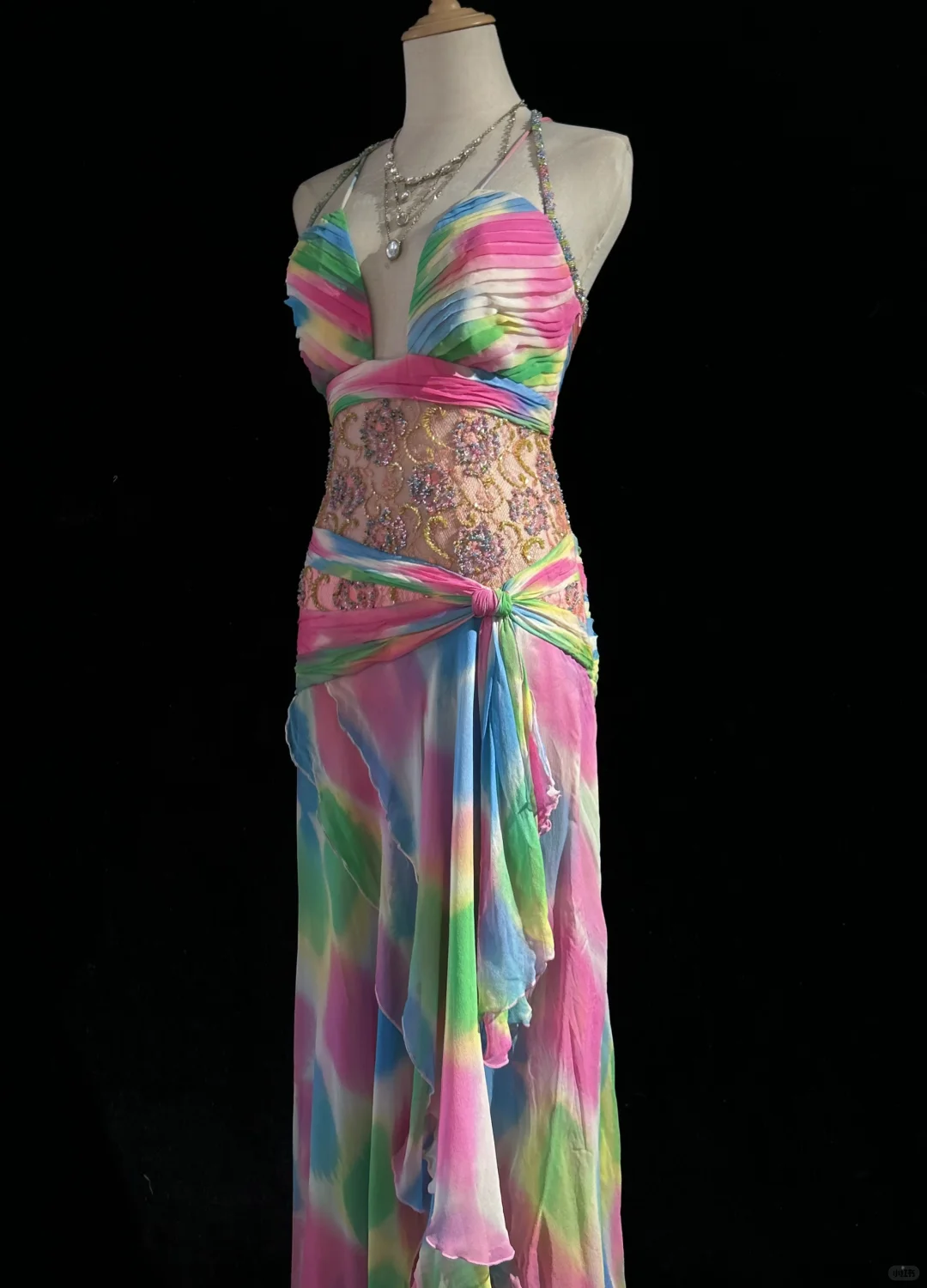 ✨Girlhomeshops-Rainbow Tie Dye Halter Beaded Chiffon Evening Gown gh10156