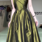 Olive Green One‑Shoulder Satin Long Evening Gown, 3D Floral Decor A‑Line Formal Prom Dress gh9039