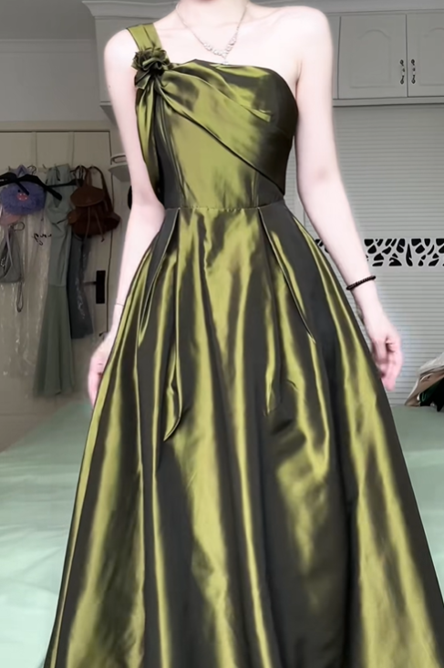 Olive Green One‑Shoulder Satin Long Evening Gown, 3D Floral Decor A‑Line Formal Prom Dress gh9039